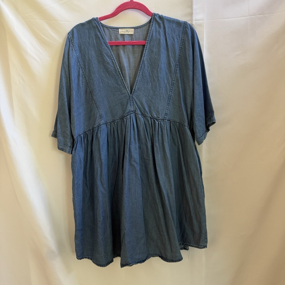 Natural Life Chambray Lyocell V Neck Blue Dress Womens Size Large Boho Pockets